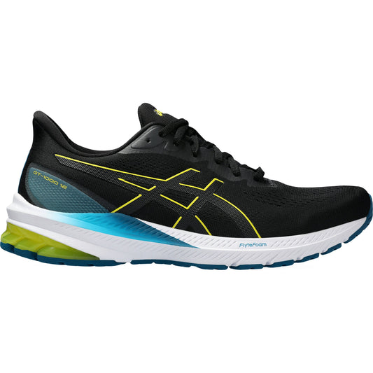 ASICS GT-1000 9 black men's running shoe with FlyteFoam technology and Gel cushioning, featuring yellow accents and a dynamic DuoMax support system.