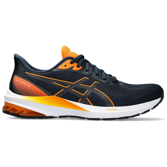 Black and orange ASICS GT-1000 13 men's running shoes with FlyteFoam technology and dynamic support system