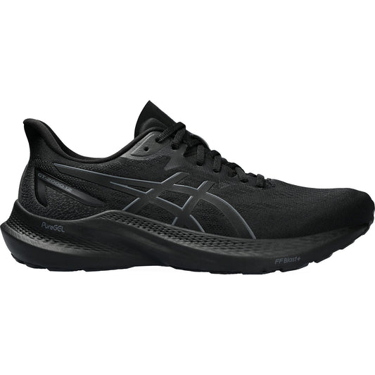Black ASICS men's running shoes with GEL cushioning and FF BLAST+ technology for athletic and casual wear