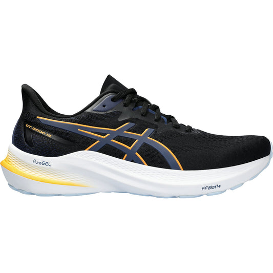 ASICS GT-2000 12 black running shoes with orange accents, white midsole featuring PureGEL technology, and FF BLAST cushioning for men.