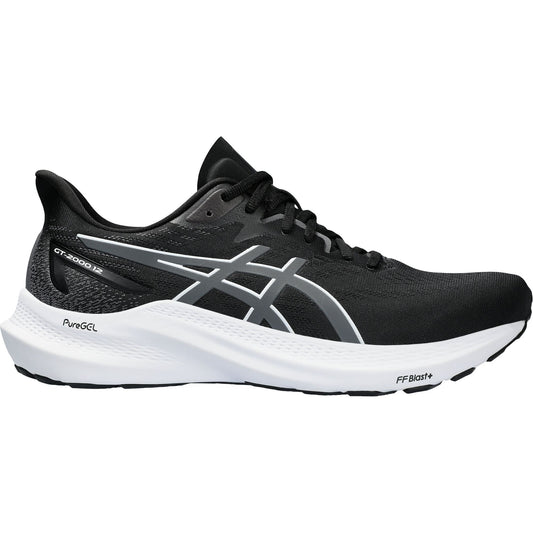 ASICS GT-2000 10 men's running shoes in black and white with signature stripes, Gel technology, and FlyteFoam cushioning