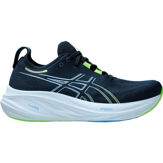 ASICS men's running shoes in dark blue with white midsole, Gel technology, FlyteFoam cushioning, and a neon green accent.