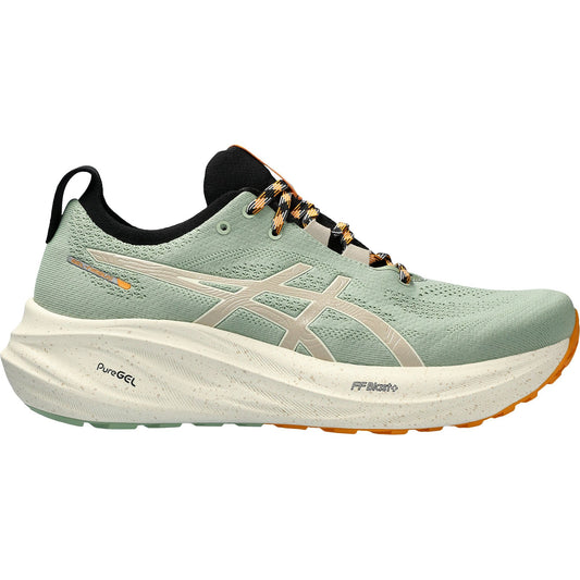 Men's ASICS running shoes in mint green with cushioned soles and orange accents, featuring GEL technology for comfort and lace-up closure.