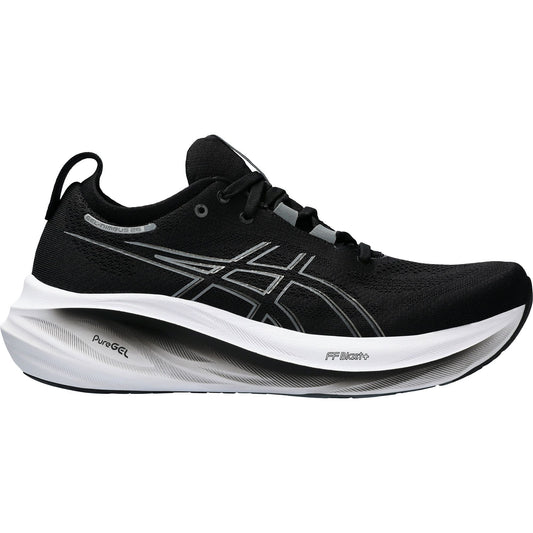 ASICS black men's running shoes with white sole, GEL-Cumulus 23, performance footwear with FLYTEFOAM technology.