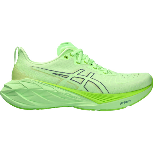 Bright green ASICS men's running shoes with breathable mesh upper and FlyteFoam cushioned sole for long-distance running.
