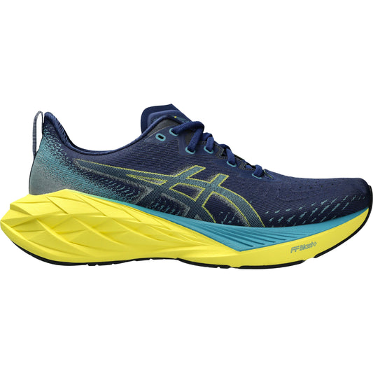 ASICS men's running shoes in navy blue and yellow, dynamic cushioning, breathable mesh upper, FlyteFoam technology, sports footwear for runners