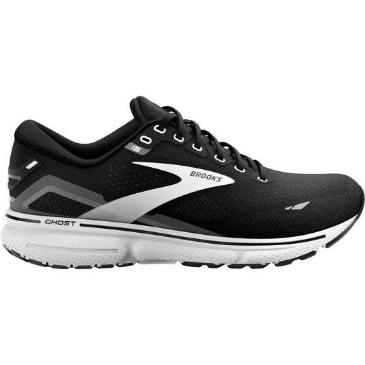 Brooks Ghost men's running shoes in black with white accents, cushioned sole, and breathable mesh design