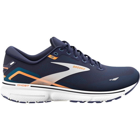 Brooks Ghost running shoes in navy blue with orange accent, comfortable athletic footwear for men, side view