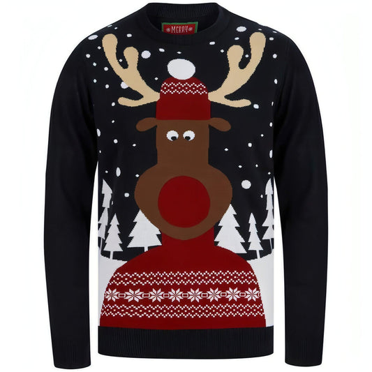 Christmas Snow Scene Rudolph Mens Christmas Jumper - Navy - Start Fitness