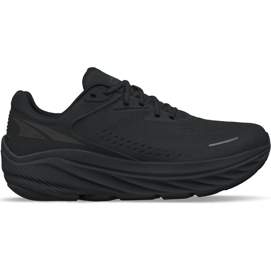 Black men's running shoes with thick sole, breathable mesh upper, lace-up closure, and cushioned footbed