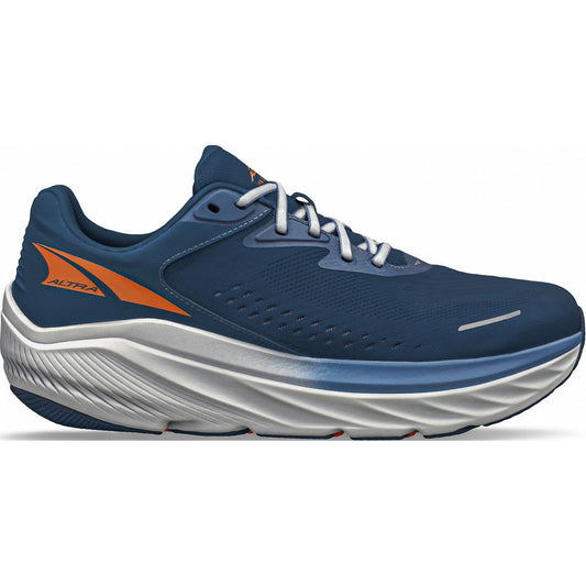 Altra men's blue running shoes with orange accents, comfortable foot-shaped toe box design, cushioned zero drop sole for natural running form
