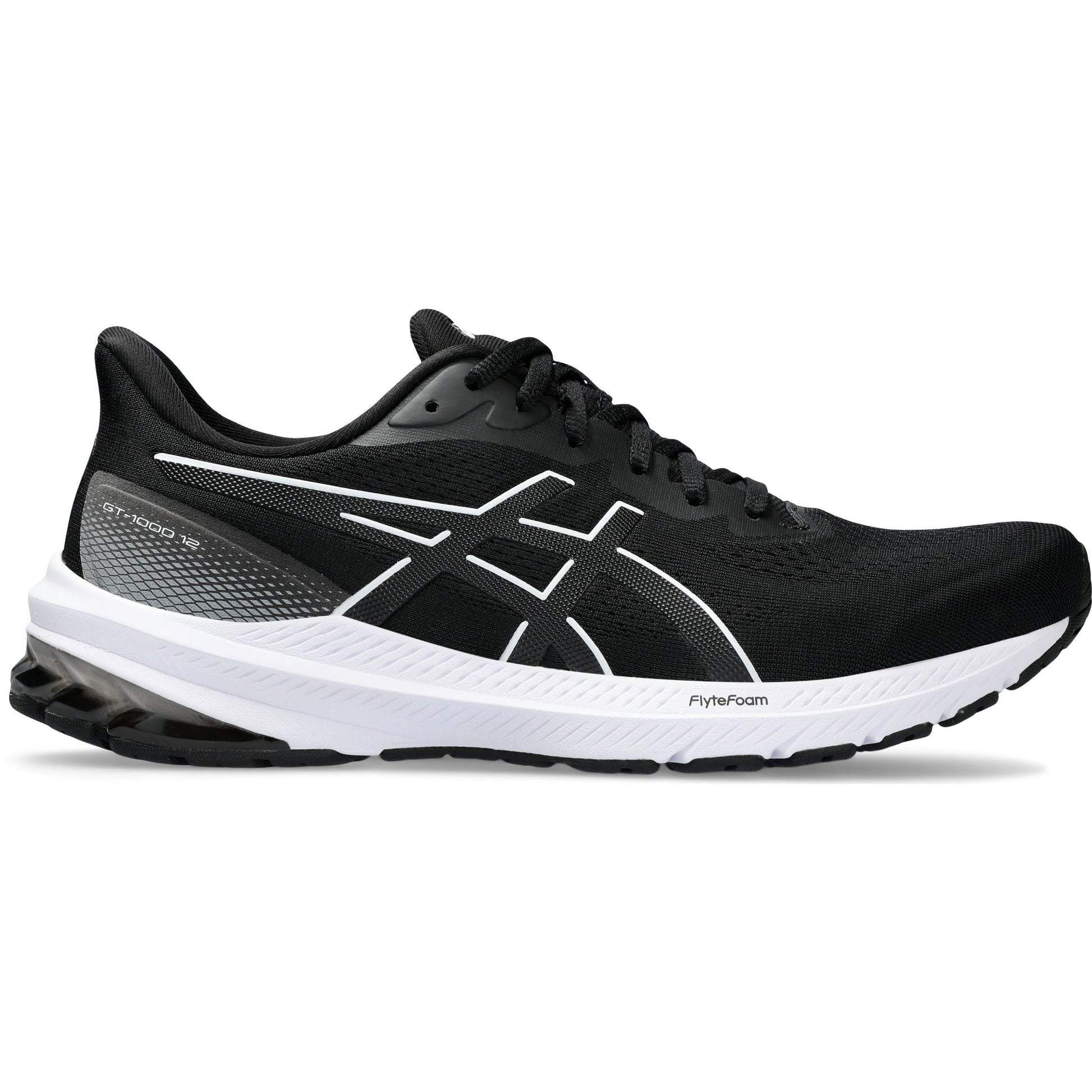 Black ASICS GT-1000 running shoes for men with white accents, FlyteFoam technology, and athletic mesh design
