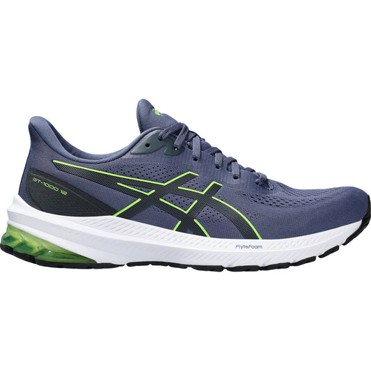 Navy blue Asics GT-1000 12 men's running shoe with green accents, FlyteFoam technology and gel cushioning for stability and support.