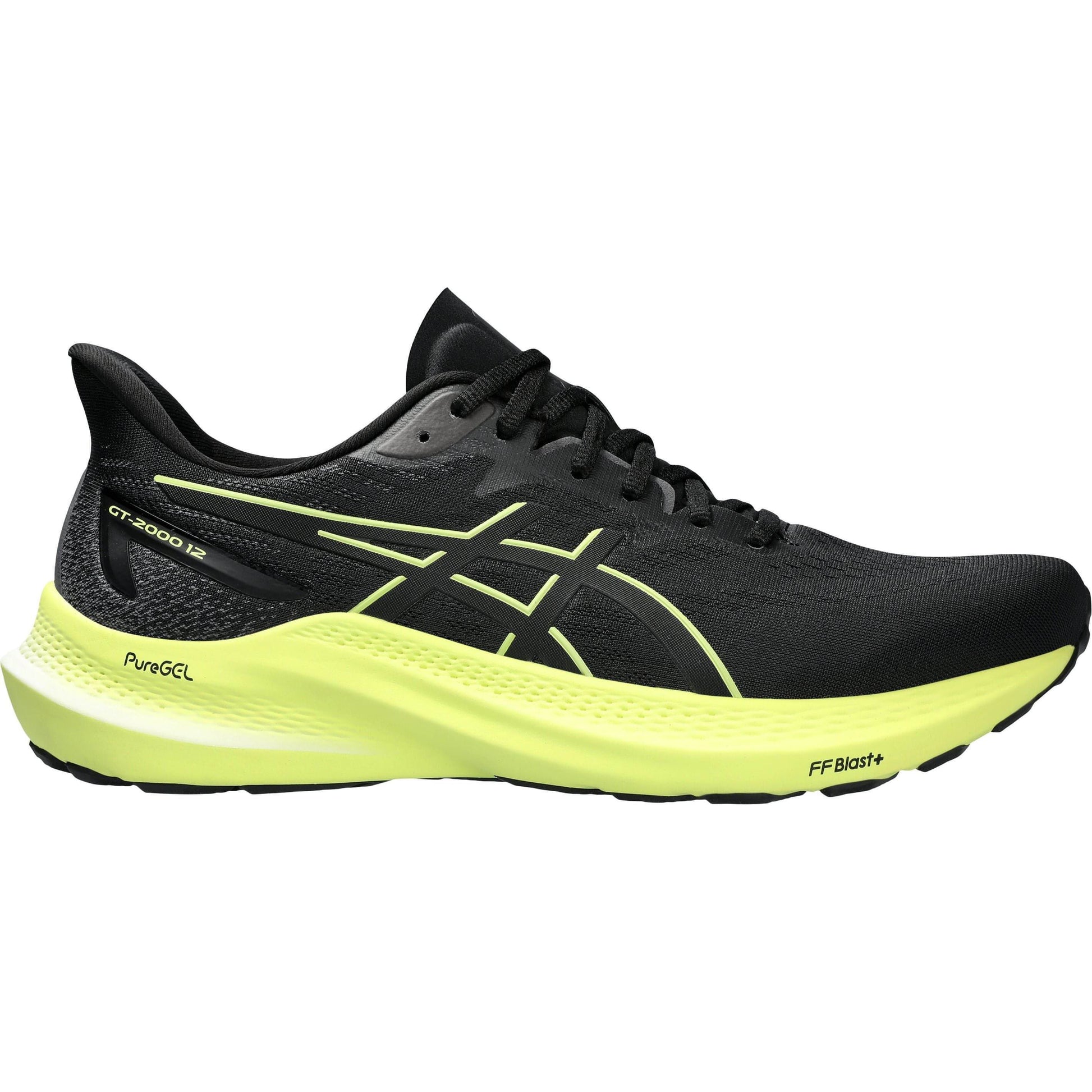 ASICS GT-2000 12 running shoes in black and neon yellow colorway, featuring dynamic duomax support system, engineered mesh upper, and flytefoam technology for enhanced stability and comfort.