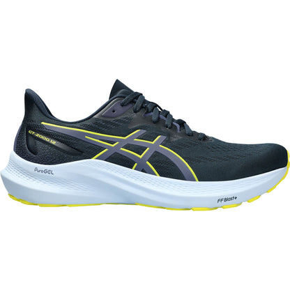 ASICS GT-2000 9 men's running shoe in black and yellow with PureGEL technology and FLYTEFOAM cushioning for stability and comfort.