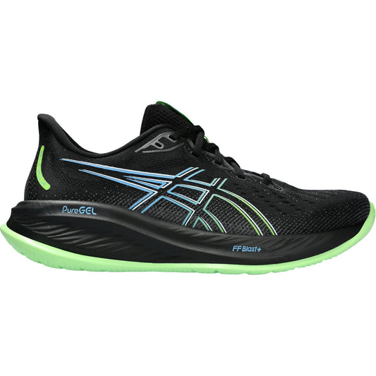 Black ASICS men's running shoes with neon accents, PureGEL technology, FF Blast cushioning, and stylized blue logo on side.