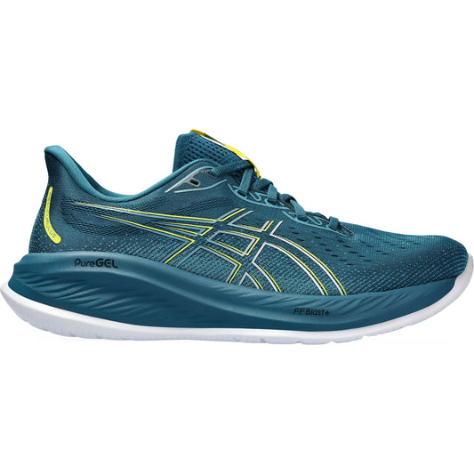 ASICS men's running shoes in teal with yellow accents, PureGEL technology, FF BLAST cushioning, and breathable mesh upper.