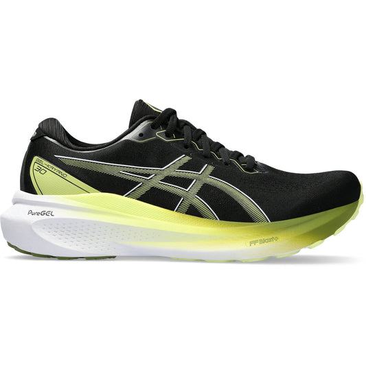 ASICS men's running shoes in black and neon yellow, GT-Series with mesh upper and PureGEL cushioning technology.