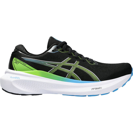 Black and lime green ASICS running shoes with dynamic design and PureGEL technology for athletes and fitness enthusiasts.