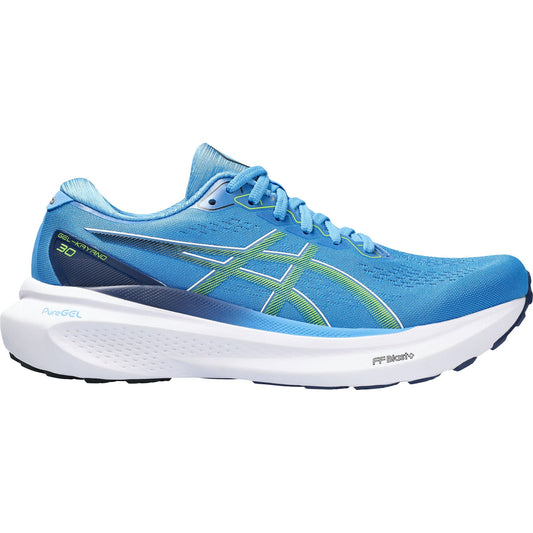 Blue ASICS men's running shoes with GEL-Kayano technology, green accents, and white sole