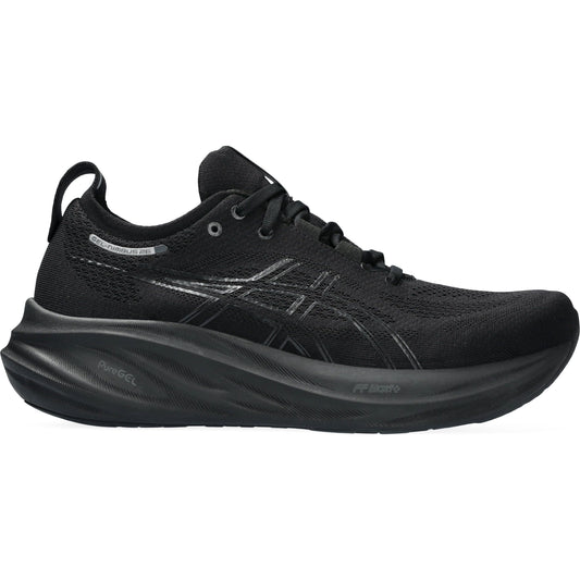 Black ASICS running shoes for men with GEL cushioning and FlyteFoam technology, breathable mesh upper, durable rubber outsole, and sleek sporty design.