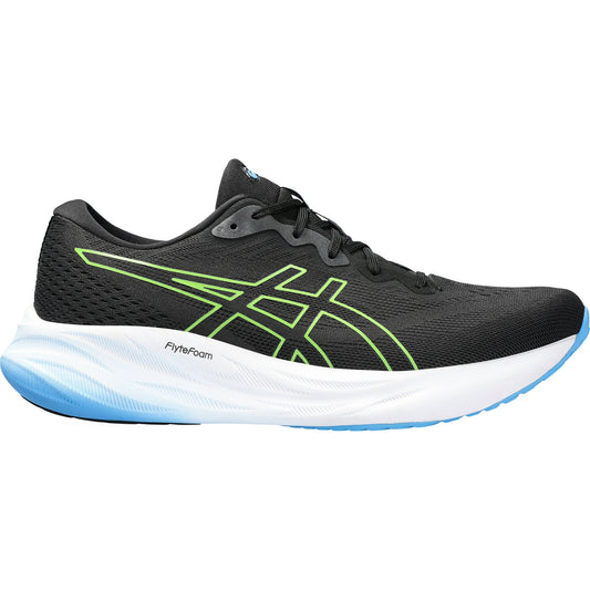 ASICS men's black running shoes with green accents, FlyteFoam midsole, and white-blue gradient sole, sporty athletic footwear.