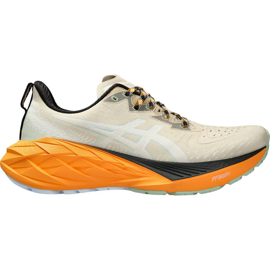 Men's ASICS running shoes in beige with orange sole, dynamic design, and performance technology