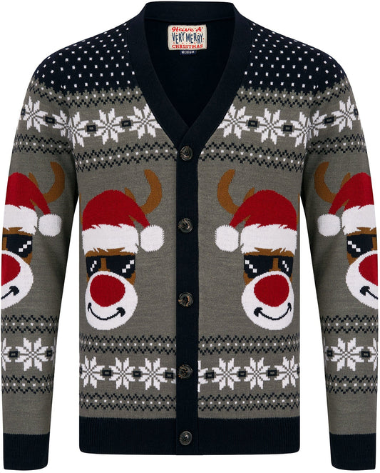 Christmas Deer Festive Pattern Mens Christmas Cardigan - Blue
