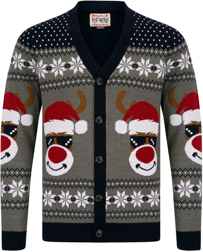 Christmas Deer Festive Pattern Mens Christmas Cardigan - Blue