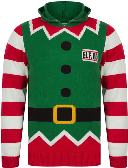 Christmas Elf Novelty Hooded Mens Jumper - Green