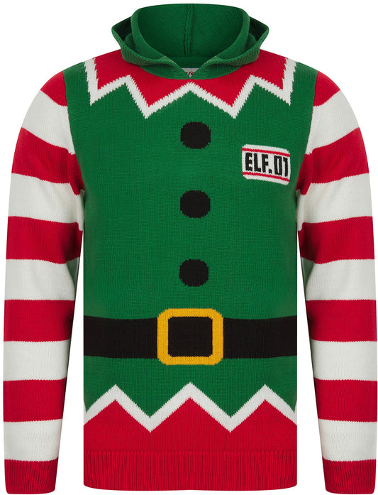 Christmas Elf Novelty Hooded Mens Jumper - Green