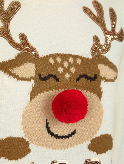 Christmas Happy Rudolph Motif Womens Christmas Jumper - Cream