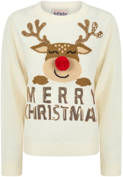 Christmas Happy Rudolph Motif Womens Christmas Jumper - Cream
