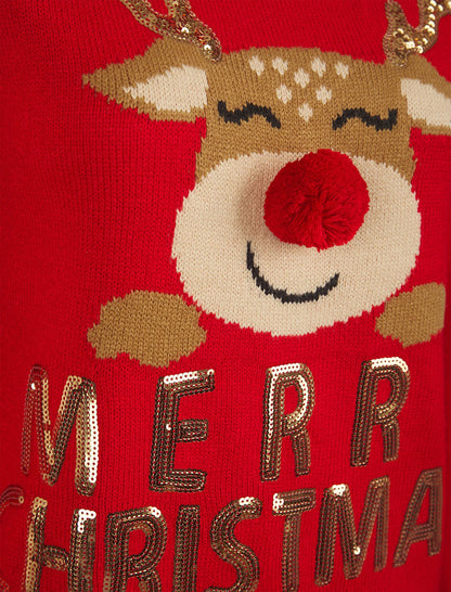 Christmas Happy Rudolph Motif Womens Christmas Jumper - Red