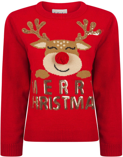 Christmas Happy Rudolph Motif Womens Christmas Jumper - Red