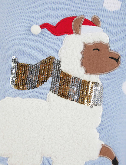 Christmas Llama LED Light Up Junior Christmas Jumper - Blue