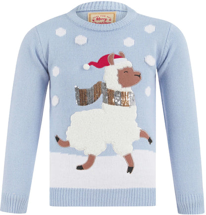Christmas Llama LED Light Up Junior Christmas Jumper - Blue
