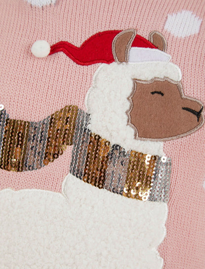 Christmas Llama LED Light Up Junior Christmas Jumper - Pink