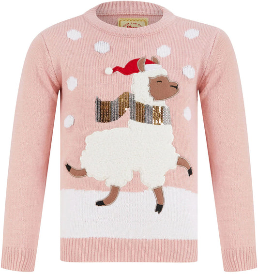 Christmas Llama LED Light Up Junior Christmas Jumper - Pink