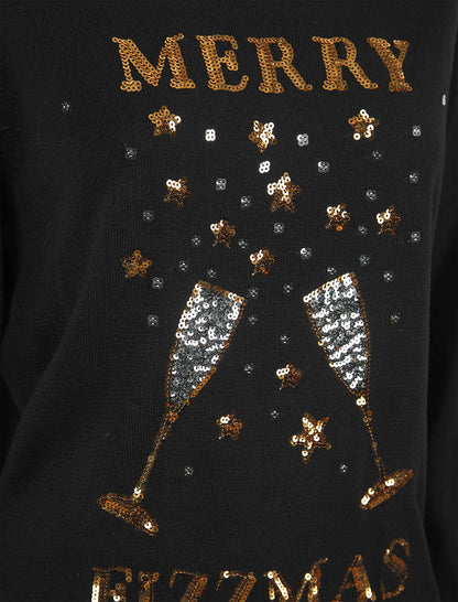 Christmas Merry Fizzmas Sequin Womens Christmas Jumper - Black