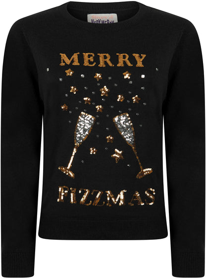 Christmas Merry Fizzmas Sequin Womens Christmas Jumper - Black
