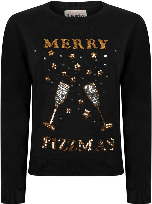 Christmas Merry Fizzmas Sequin Womens Christmas Jumper - Black