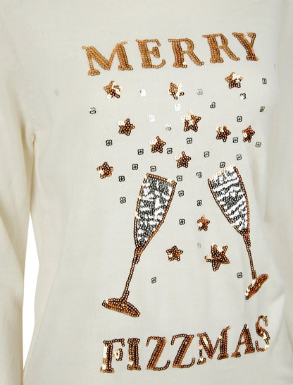 Christmas Merry Fizzmas Sequin Womens Christmas Jumper - Cream