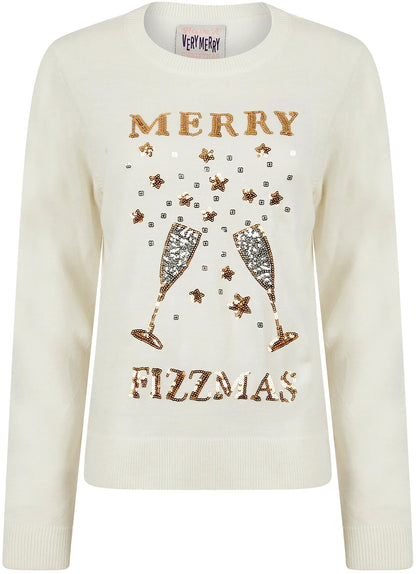 Christmas Merry Fizzmas Sequin Womens Christmas Jumper - Cream