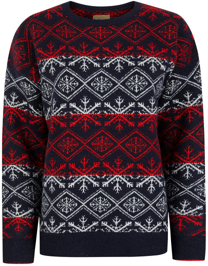 Christmas Nordic Fair Isle Crystal Drop Shoulder Womens Jumper - Ink