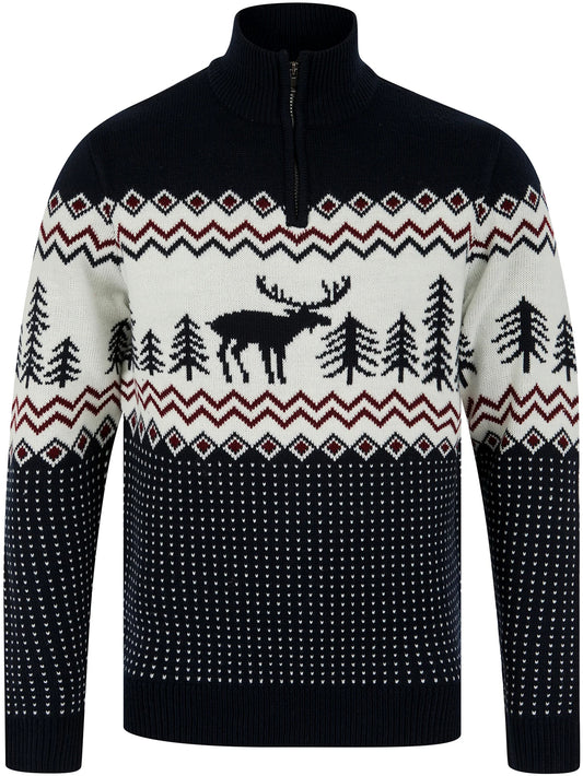 Christmas Nordic Fair Isle Hindley Half Zip Mens Jumper - Ink