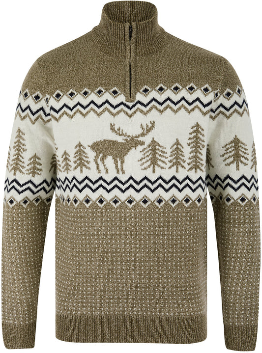 Christmas Nordic Fair Isle Hindlay Half Zip Mens Jumper - Brown