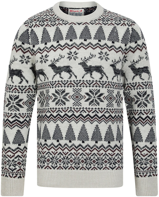 Christmas Nordic Fair Isle Oatgrey Mens Jumper - Chalk