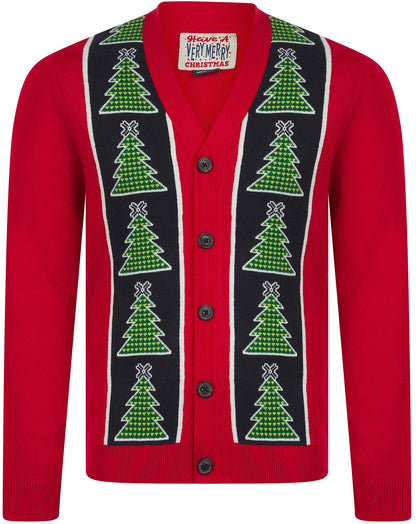 Christmas Osier 2 Xmas Tree Pattern Mens Cardigan - Red
