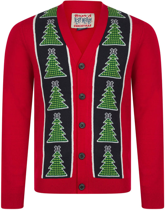 Christmas Osier 2 Xmas Tree Pattern Mens Cardigan - Red
